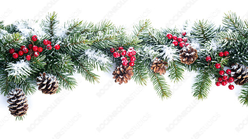 Snow-Dusted Pine Branches with Pinecones and Red Berries Against a White Background