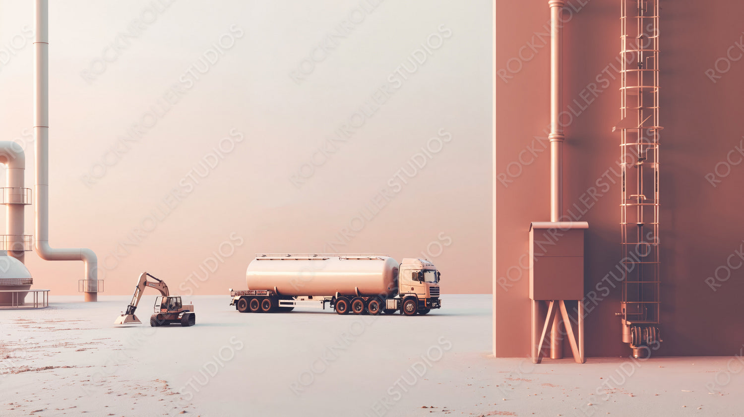 Industrial Scene with Tanker Truck and Machinery at Sunset