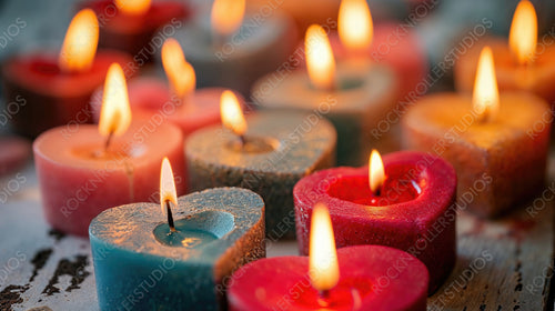 Red and Blue Candles in the Shape of Love Hearts. Beautiful Valentine’s Day Background.