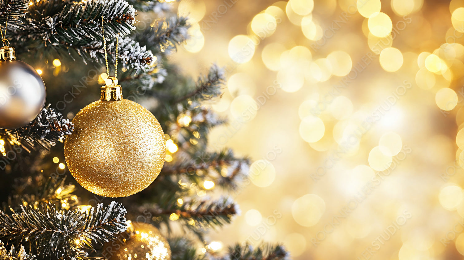 Golden Christmas Ornaments Hanging on Snow-Dusted Tree with Glowing Bokeh Lights