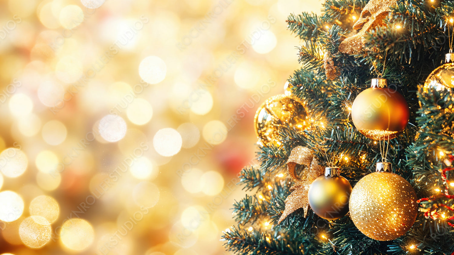 Golden Christmas Tree Ornaments and Sparkling Lights Against a Warm Holiday Background