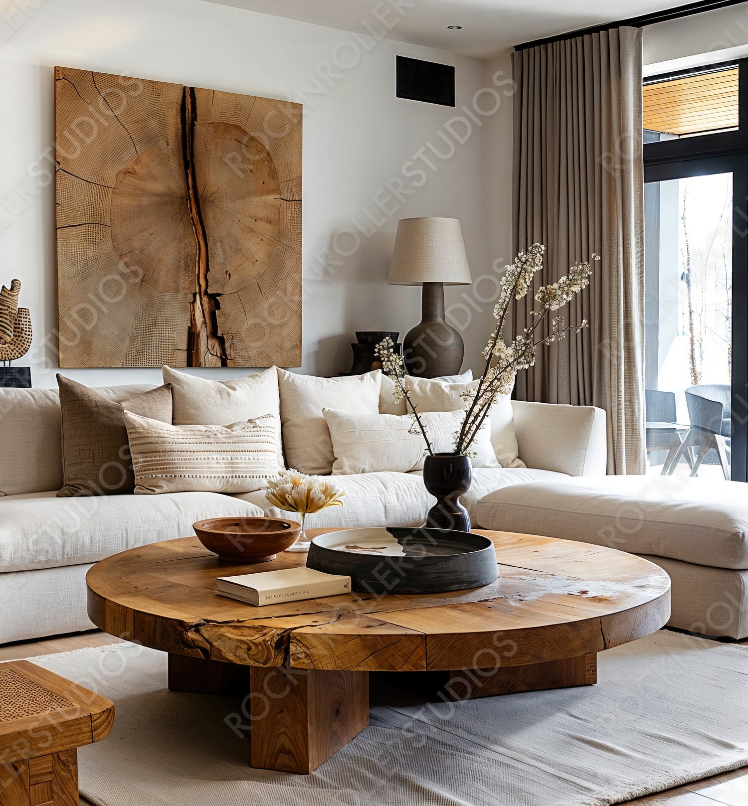 Chic Rustic Living Room with Natural Wood Accents and Earthy Tones