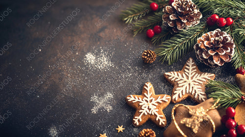 Rustic Christmas Decorations with Pine Cones, Snowflakes, and Ornaments on Dark Wooden Background