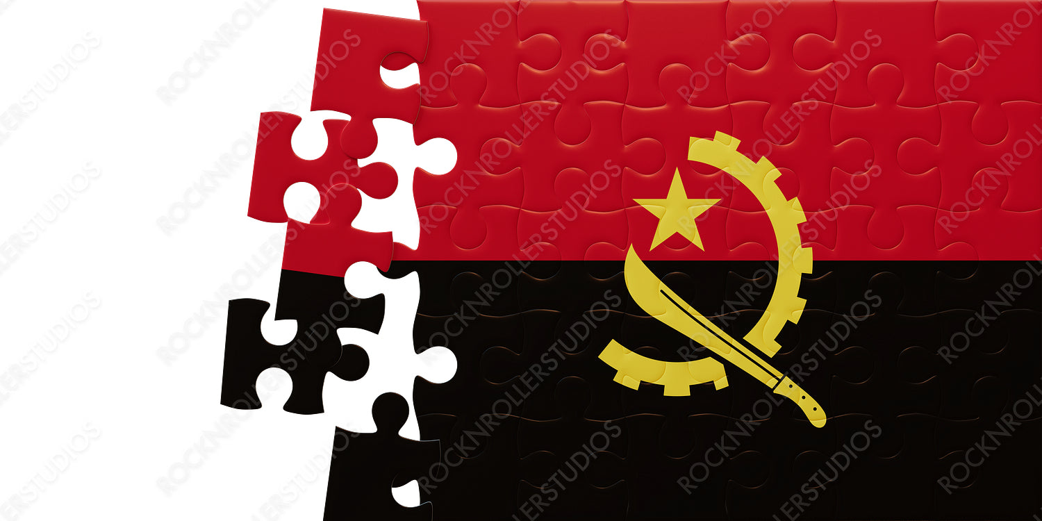 Angola's Flag Reimagined: Abstract Jigsaw Puzzle with Emblematic Red, Black, and Yellow Pieces