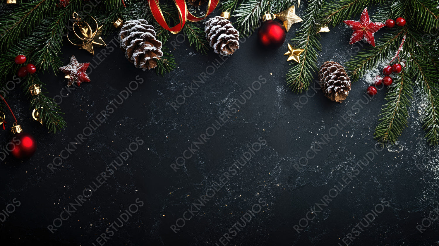 Festive Christmas arrangement with frosted pinecones, red berries, and gold stars on a dark background