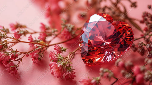 Precious Gemstone in the Shape of a Love Heart with Flowers. Beautiful and Romantic Valentine’s Day Background.