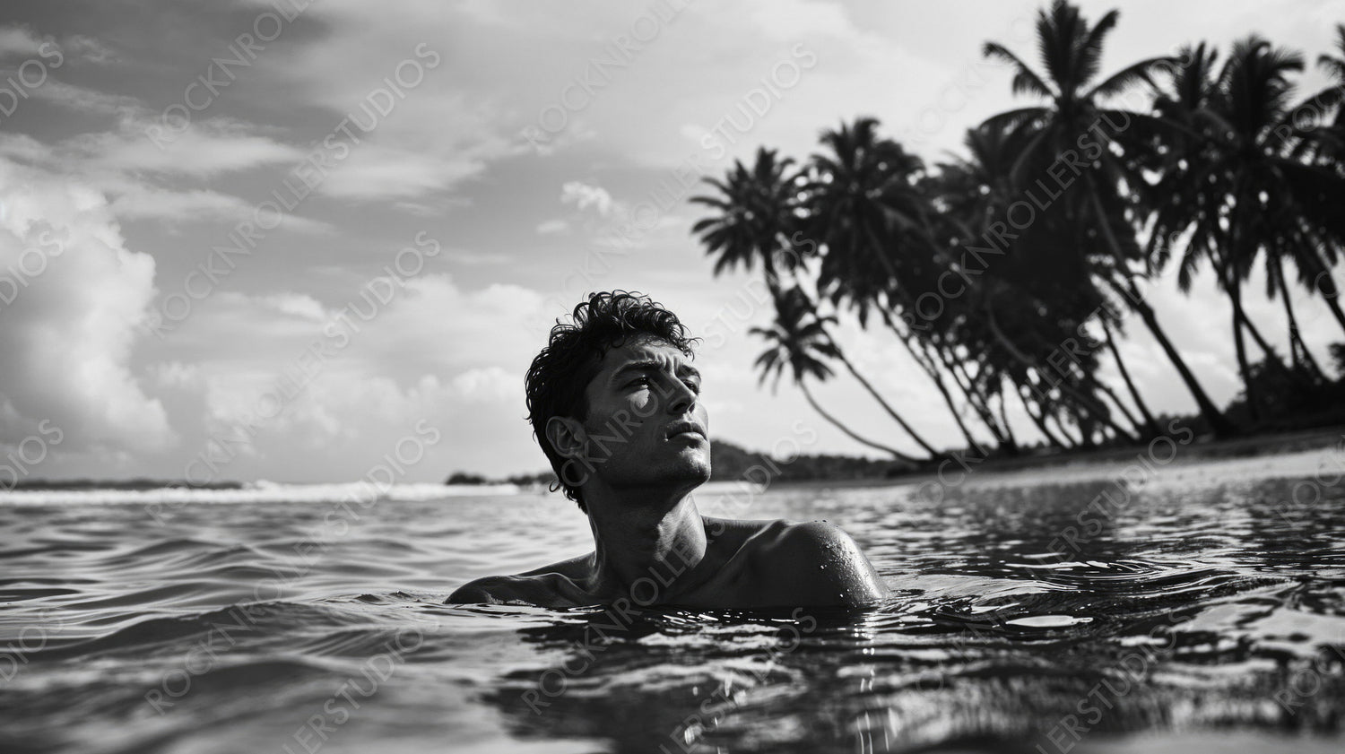 Black and White Portrait of a Swimmer on Tropical Island