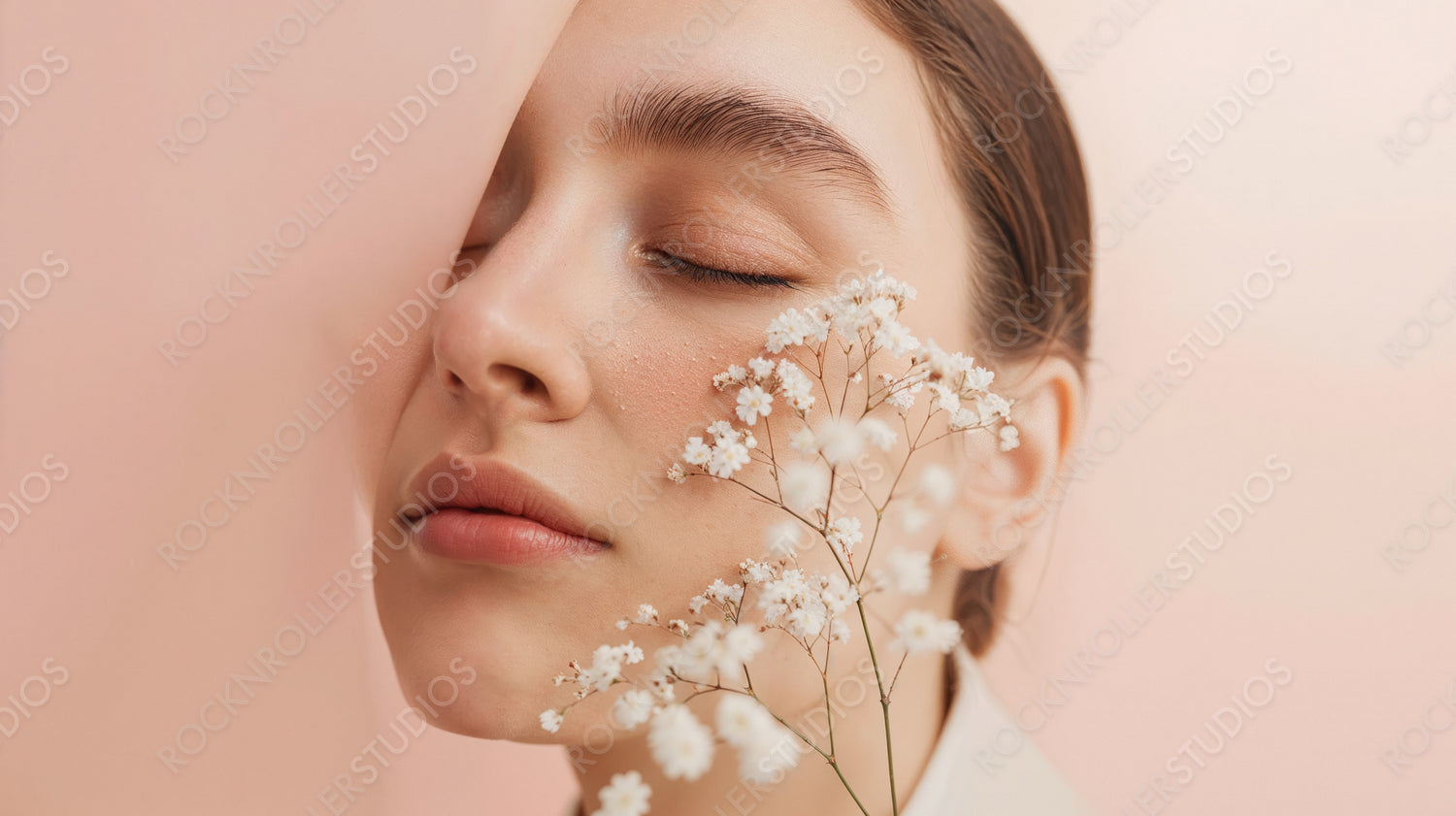 Ethereal Beauty Portrait with Delicate Flowers and Soft Lighting