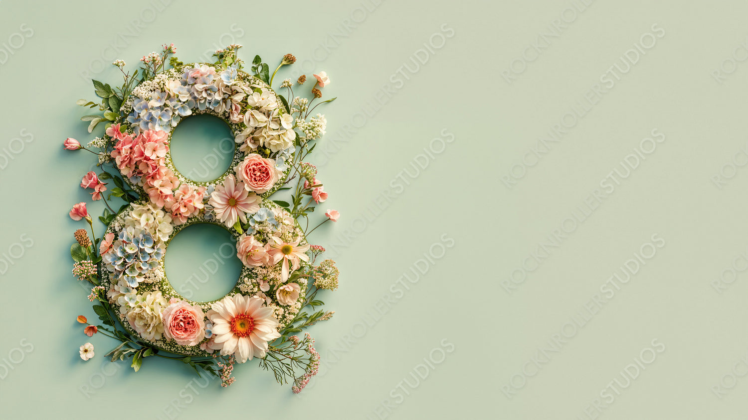 Green Floral Wallpaper to Celebrate International Woman's Day. Lovely Botanical Design with Number 8, Flowers and copy-space.