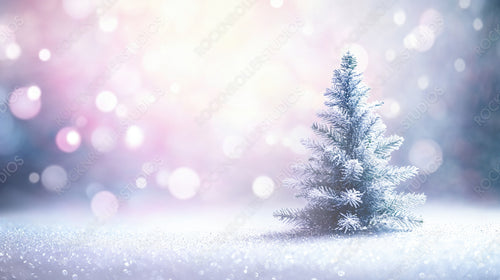 Soft bokeh lights surrounding a snow-covered pine tree in a magical winter landscape