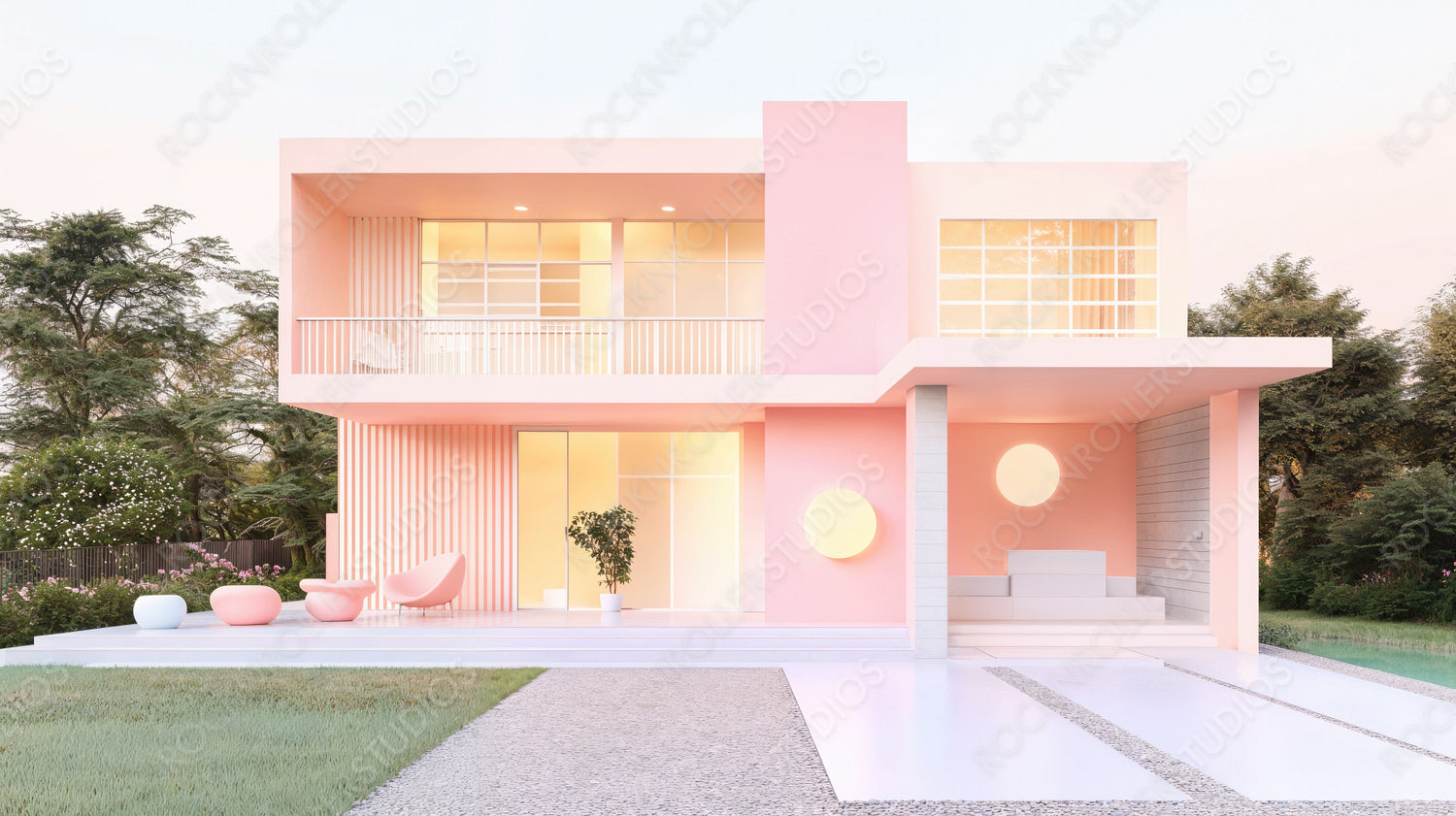 Serene Dawn at a Stylish Pastel Pink Modern Home with Minimalist Design and Lush Garden Views