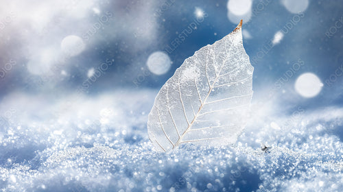 Single Frozen Leaf in Frosty Snow-Covered Landscape with Winter Blue Sky