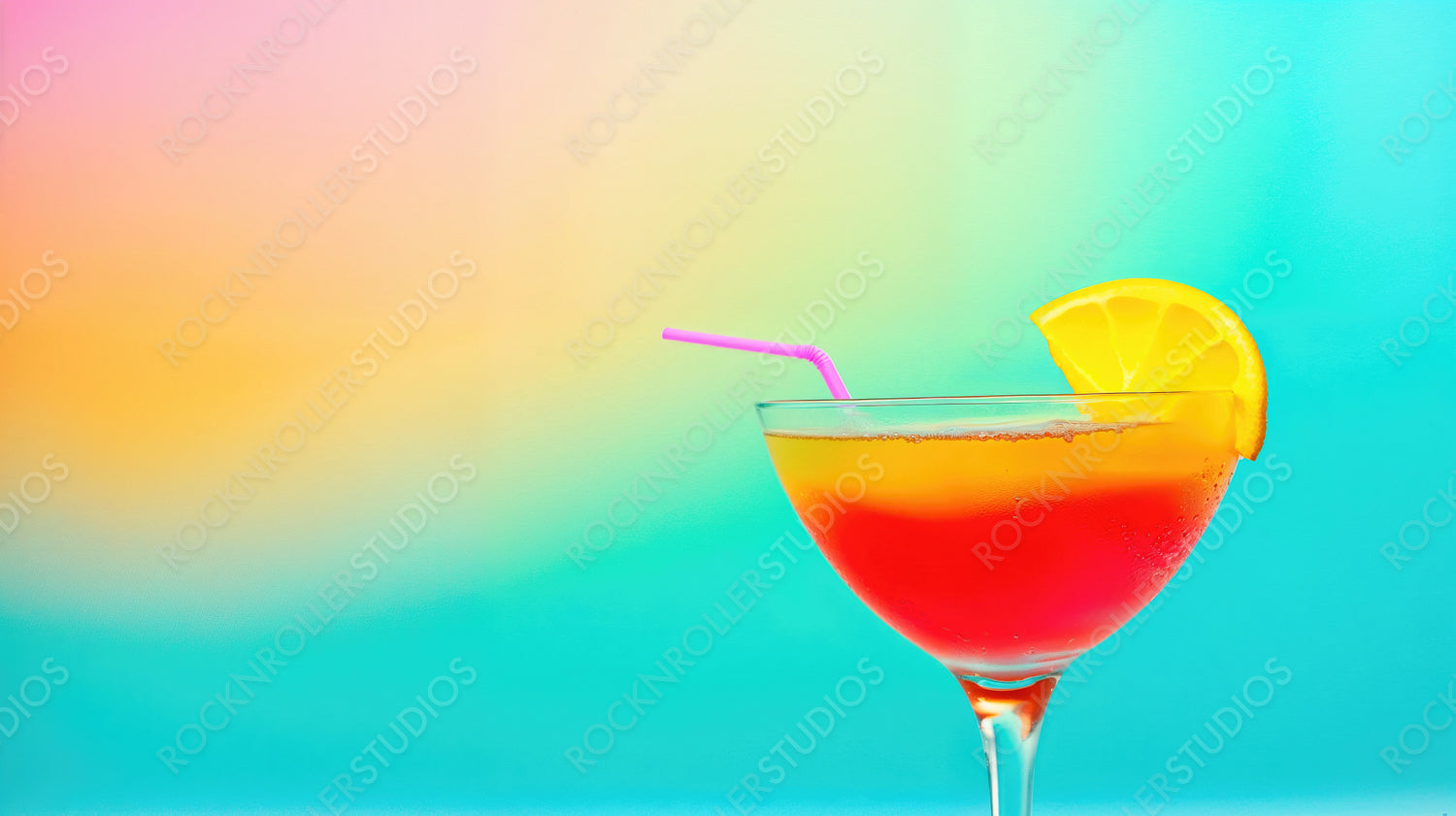 Summer Vibes: Vibrant Tropical Cocktail with Lemon Garnish and Colorful Gradient Background