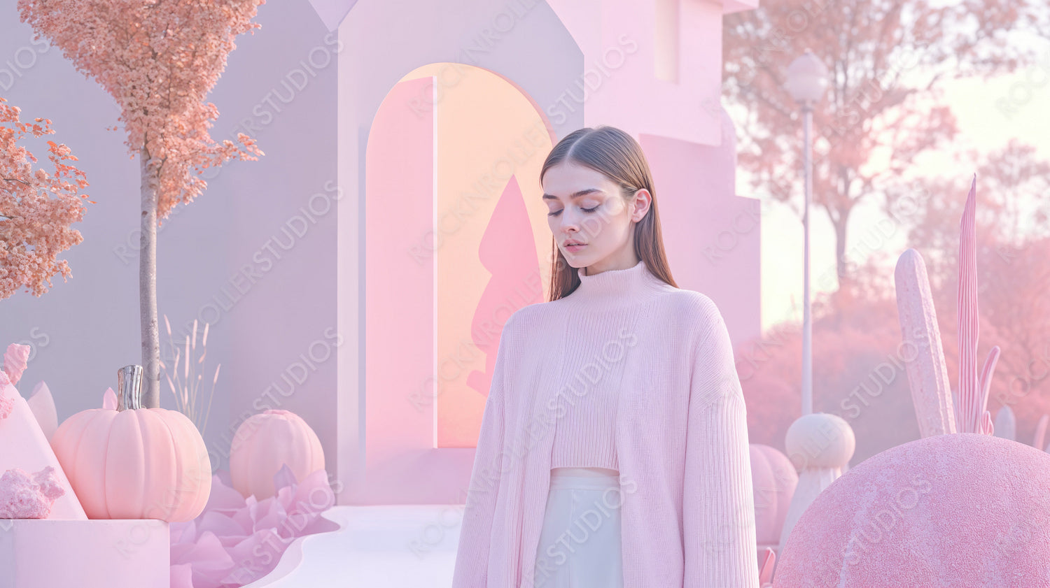 Dreamy Pink Fantasy: Serene Woman in Surreal Pastel Wonderland