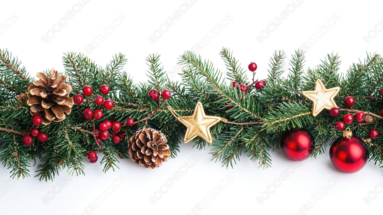 Classic Christmas Garland with Golden Stars, Pine Cones, and Red Ornaments