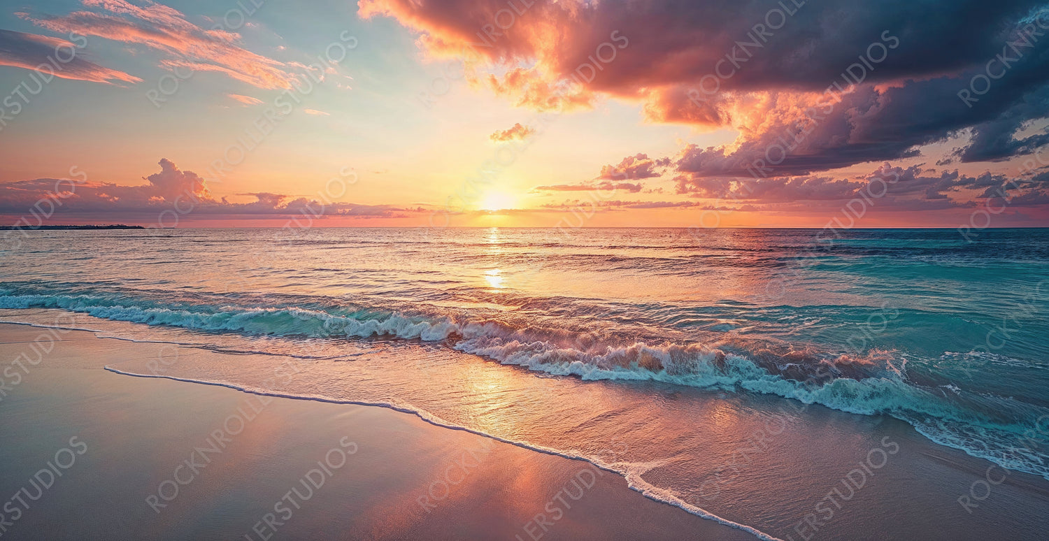 Paradise Vacation Environment. Travel background with Breath-taking Sunrise Beach.