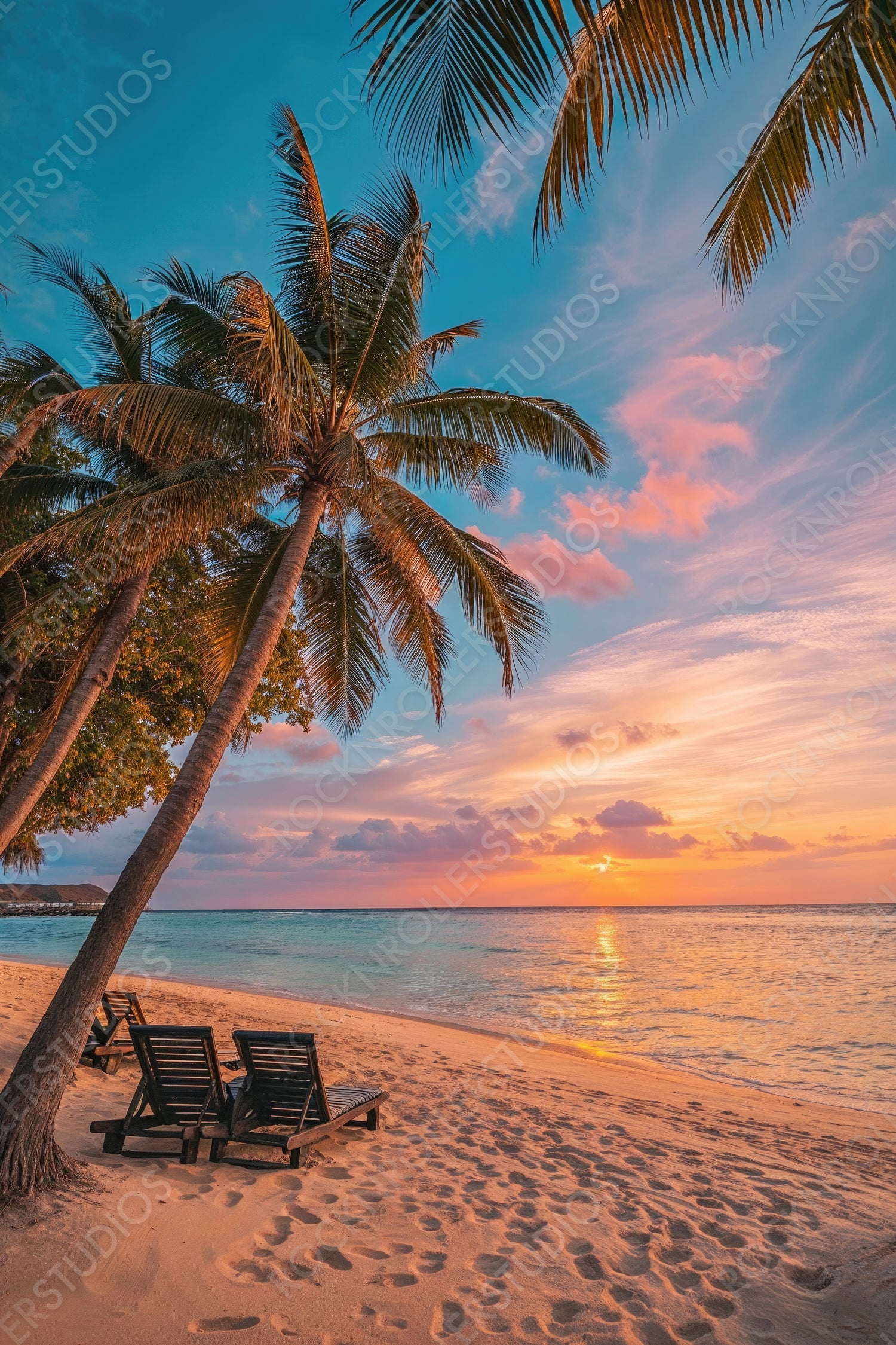 Solitude background with Amazing Sunrise Beach in Fiji. Luxury Vacation Island.
