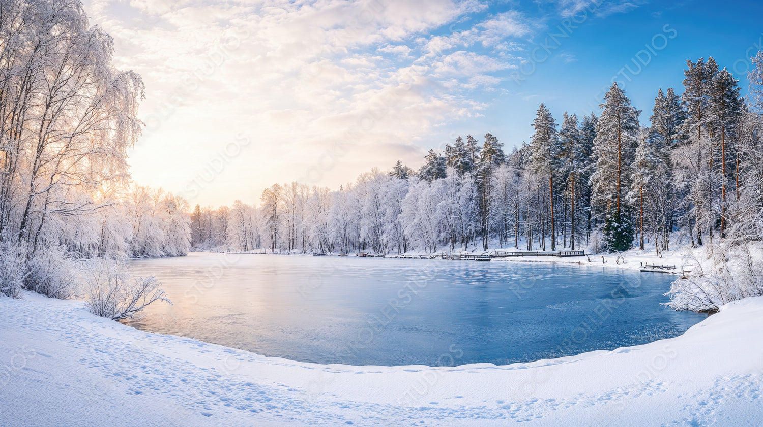 Tranquil frozen lake surrounded by snow-covered trees under a vibrant winter sky