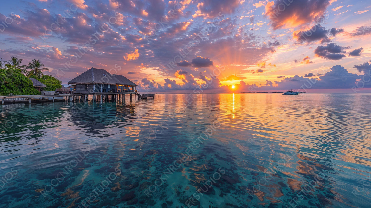 Overwater Bungalow at Sunset with Crystal Clear Waters