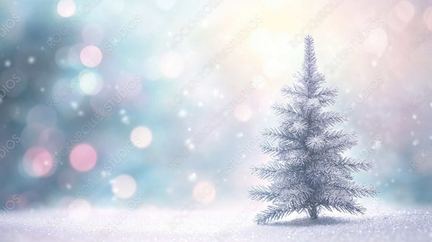 Soft bokeh lights surrounding a snow-covered pine tree in a magical winter landscape