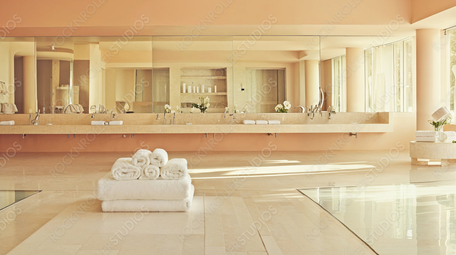 Serene Luxury: Elegant Spa Bathroom with Golden Lighting and Mirror Reflections