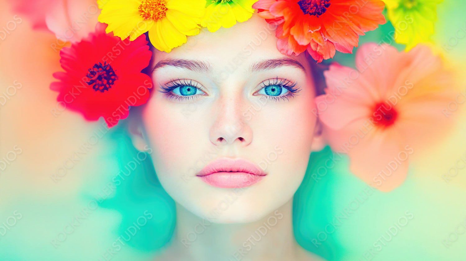 Ethereal Beauty: Dreamy Portrait of Woman with Blue Eyes Amidst Vibrant Spring Flowers