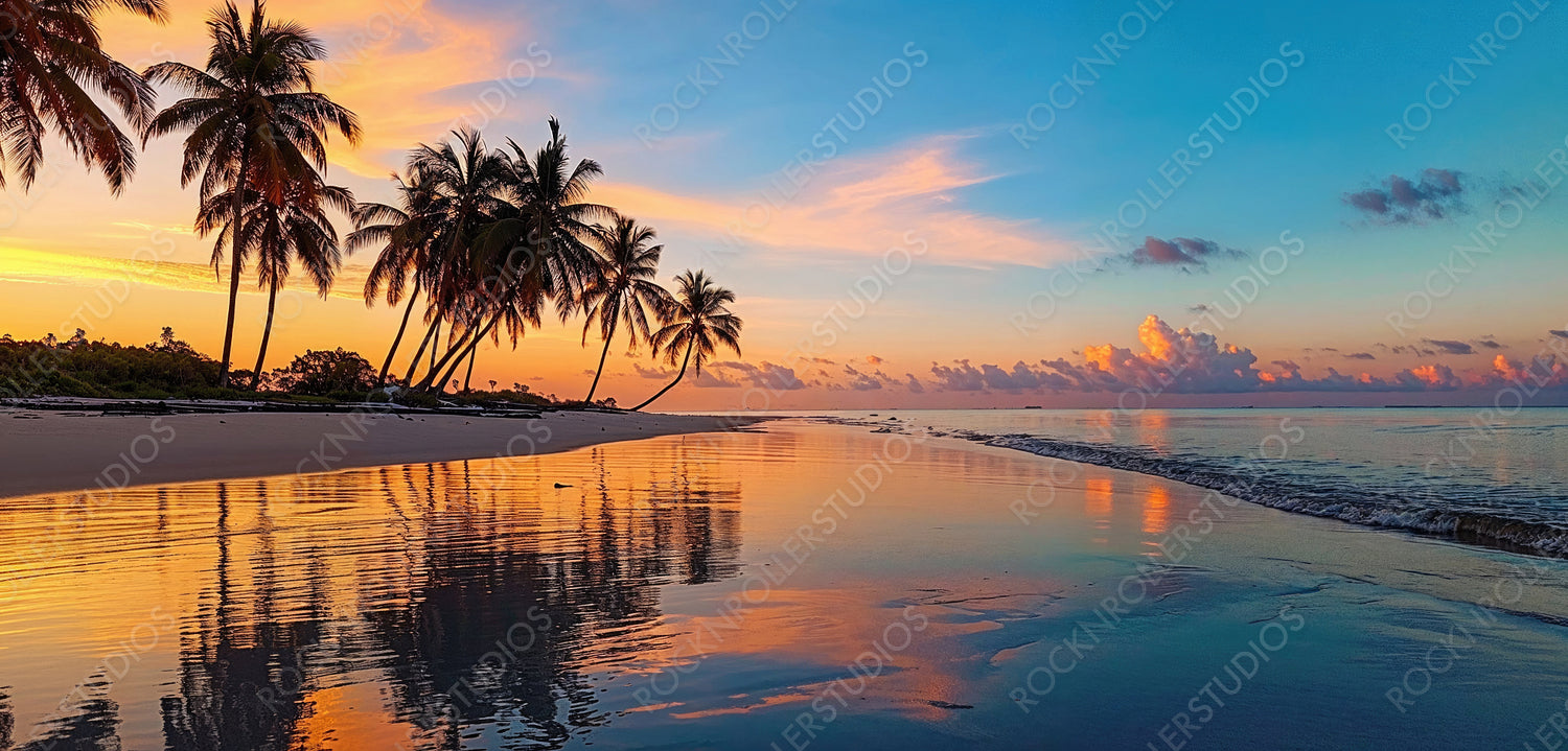 Tranquil Honeymoon Island. Romance banner with Heavenly Sunset Beach.