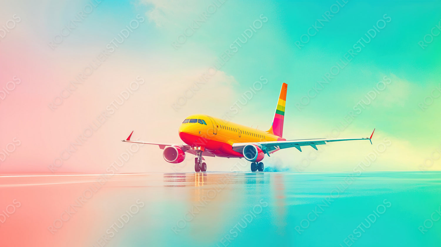 Dreamy Skies and Vibrant Flight: Colorful Airplane on a Reflective Runway