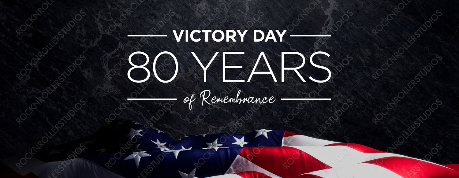 80th Victory Day Anniversary: Solemn Commemoration with American Flag and Textured Stone Background