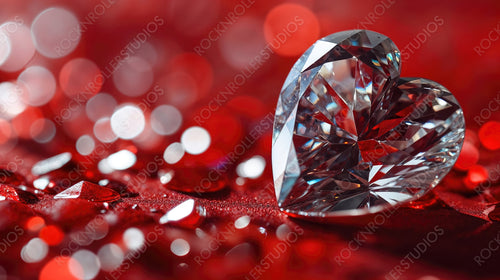 Precious Diamond in the Shape of a Love Heart on a Red Surface. Beautiful Macro Photography. Valentine’s Day Background.