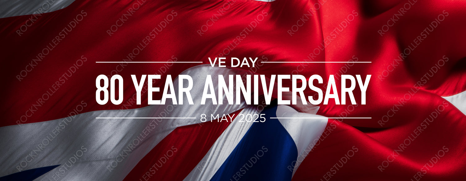 Patriotic VE Day 80th Anniversary Banner with Date, Red White & Blue Flag