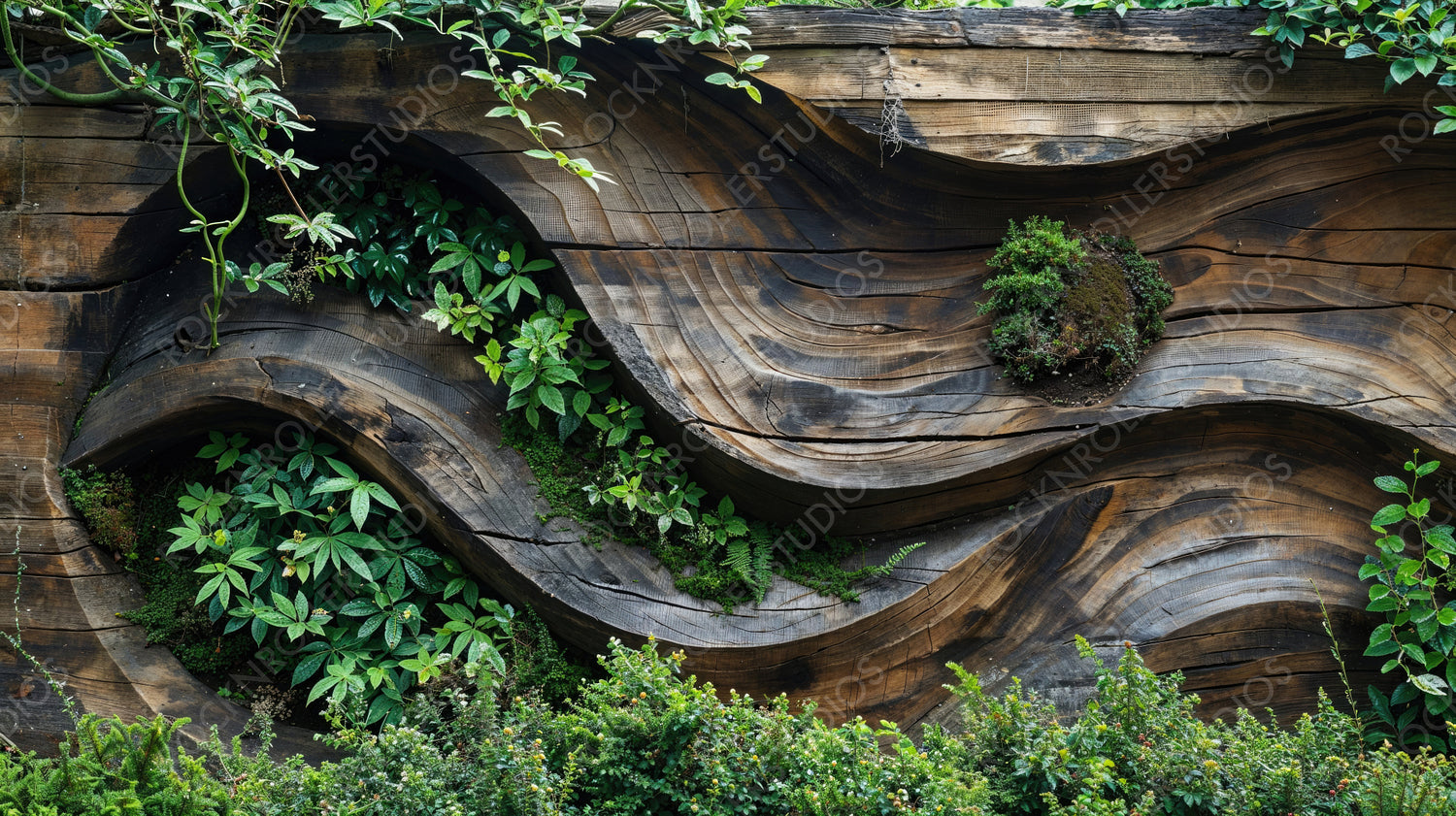 Wavy Wooden Wall with Lush Green Plants Growing in Crevices