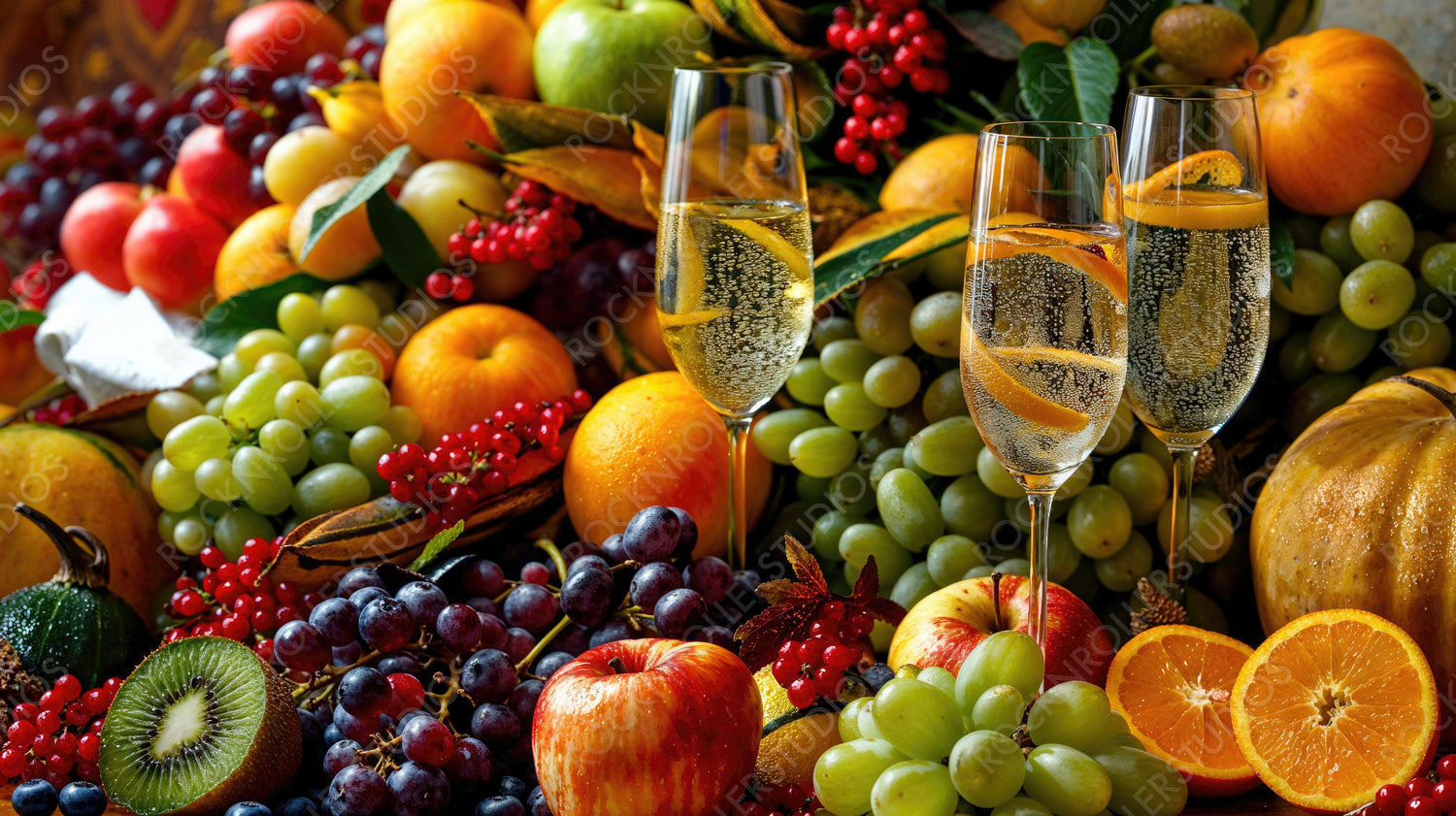 Luxurious Array of Fruits and Champagne Glasses