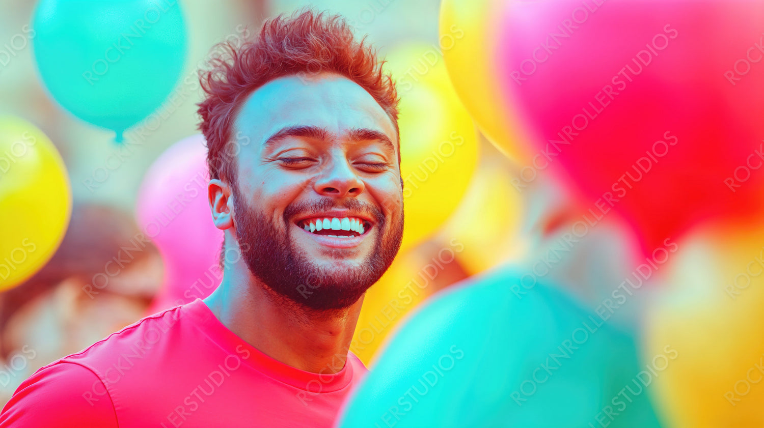 Joyful Celebration: Man Laughing at Colorful Outdoor Party