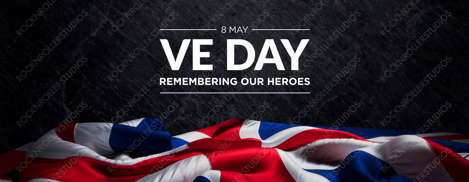VE Day Tribute: Union Jack and 'Remembering Our Heroes' on Solemn Grey
