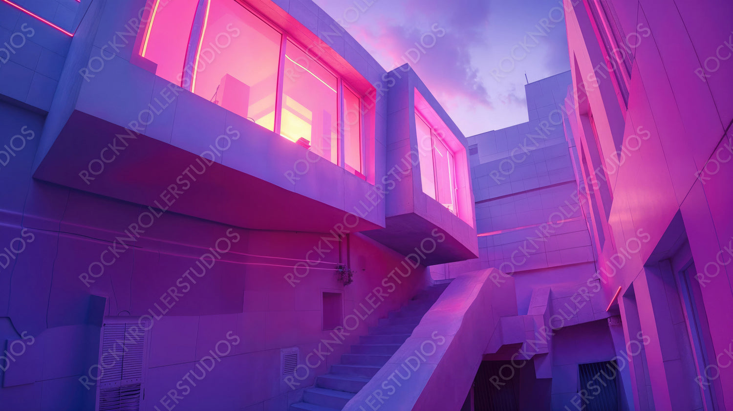 Surreal scene with people floating in a futuristic building with neon lights