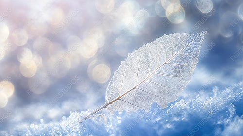 Frozen Frosty Leaf in Sparkling Snow with Winter Bokeh Lights in Background