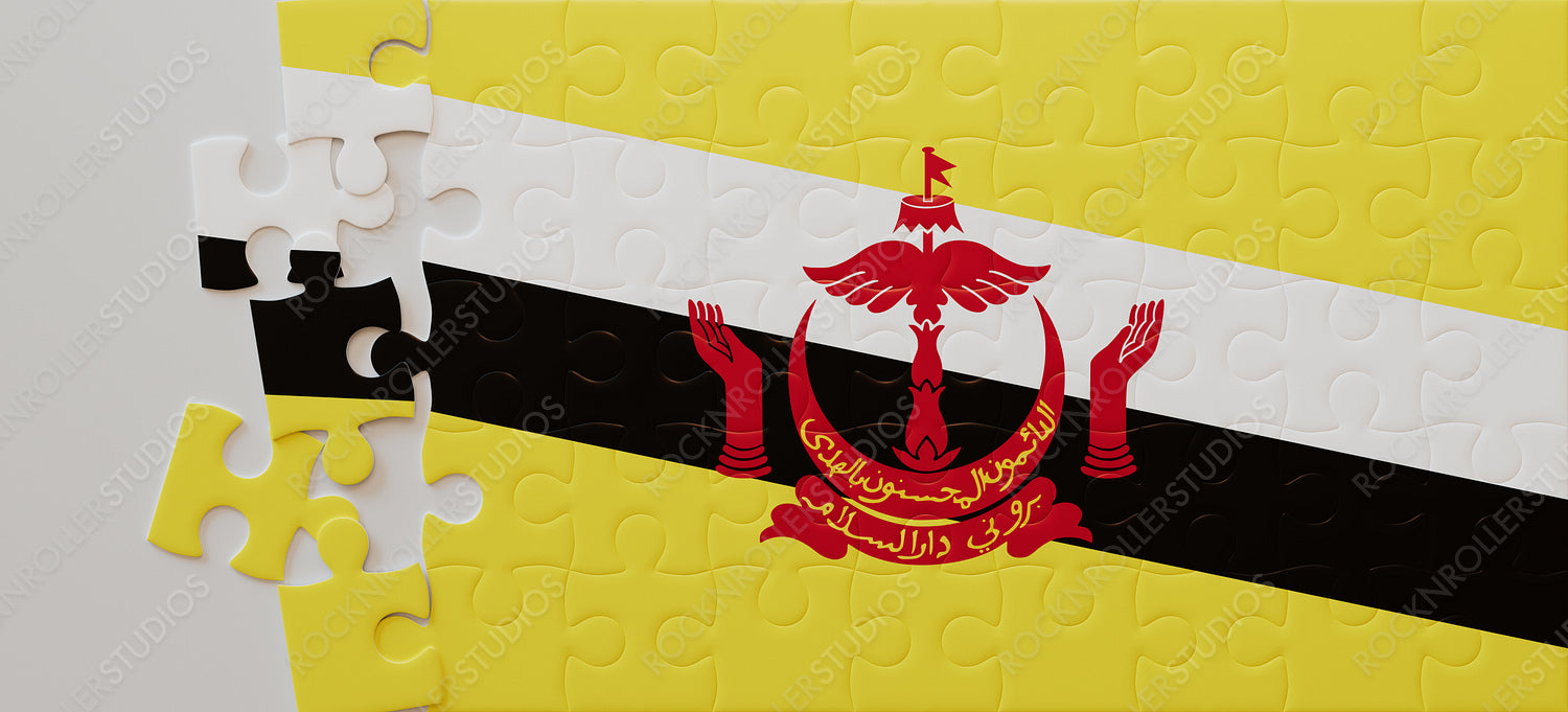 Brunei Flag Puzzle: National Emblem on Incomplete Jigsaw Challenge