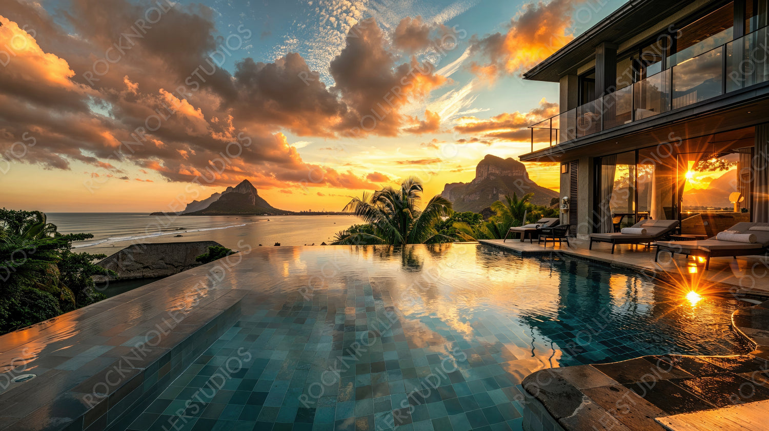 Breathtaking Sunset View from Infinity Pool Overlooking Mountains and Ocean