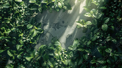 Sunlit wall covered with dense green foliage casting gentle shadows