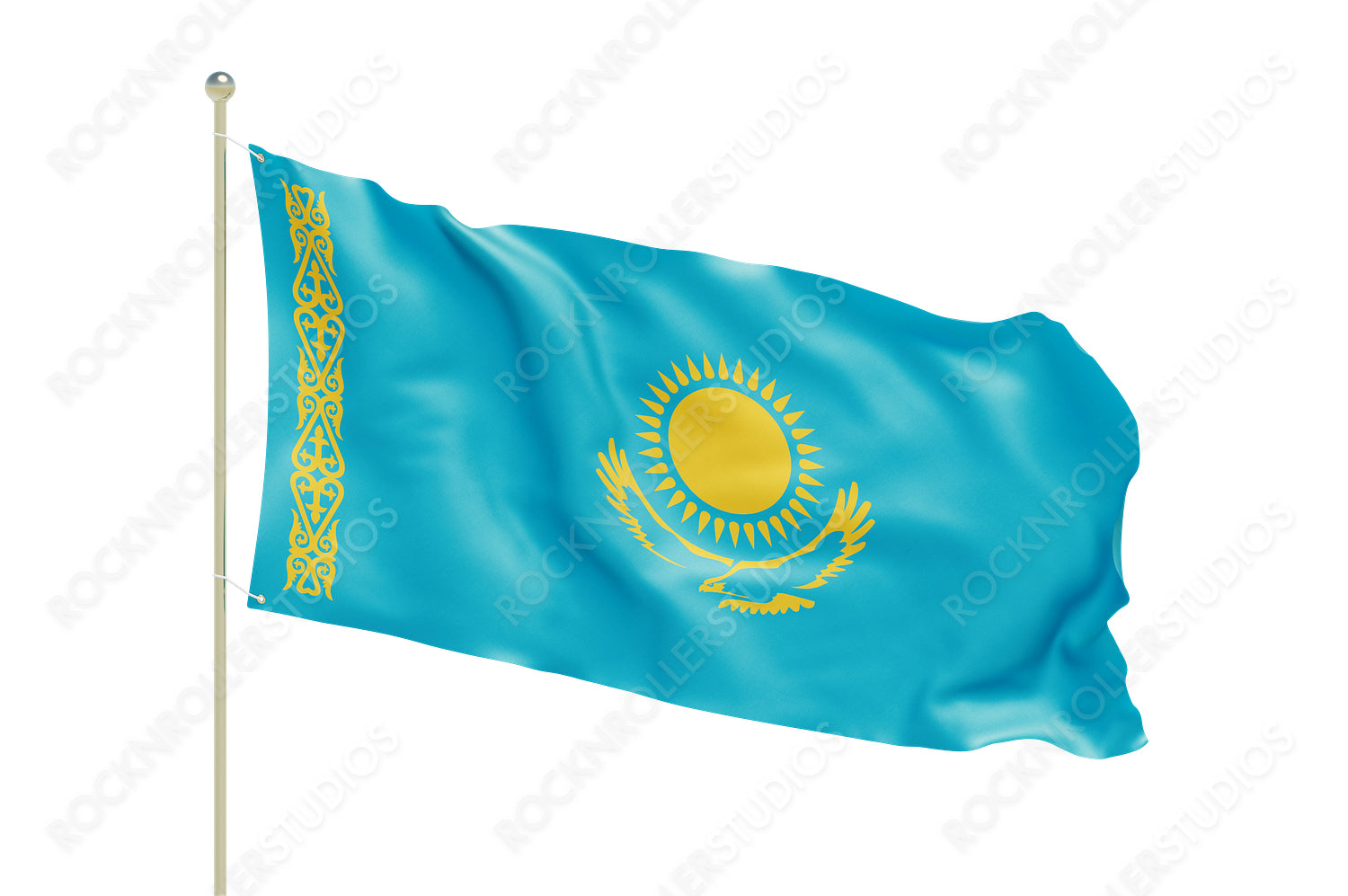 Stunning Kazakhstan Flag with Golden Sun and Eagle, Sky Blue Background. Transparent PNG