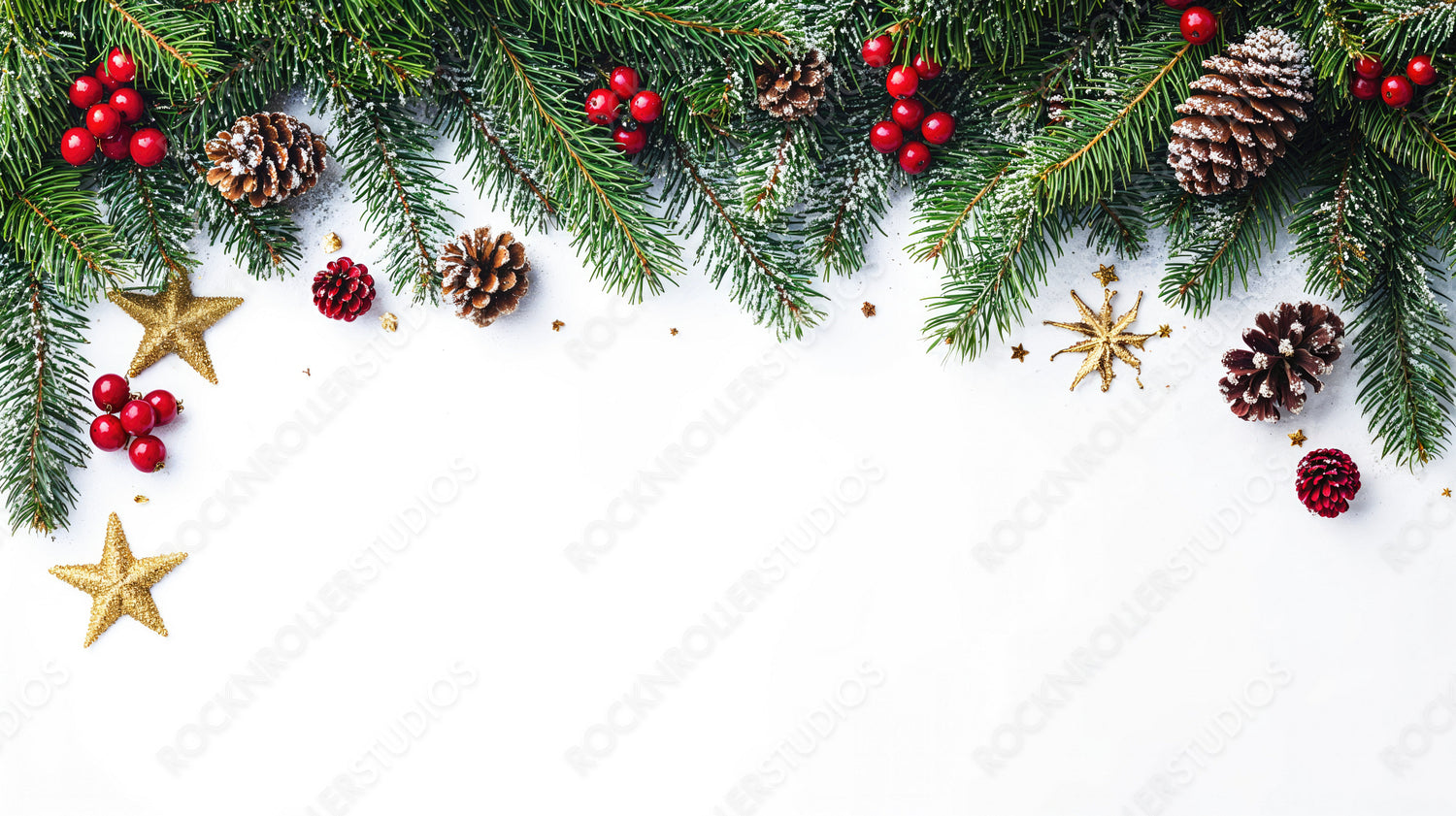 Christmas Pine Garland with Golden Stars, Pine Cones, and Red Ornaments on White Background