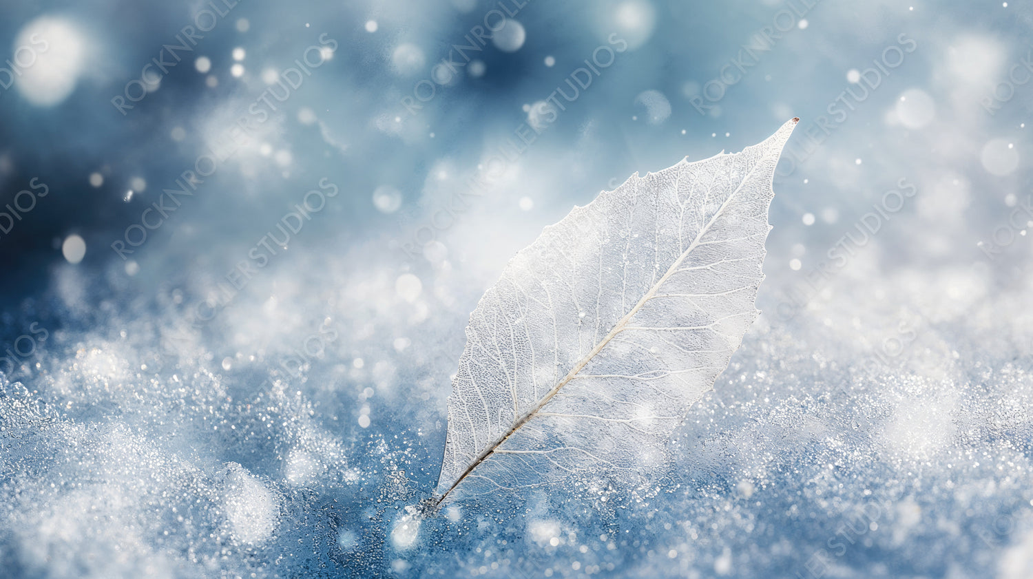 Single Frozen Leaf in Frosty Snow-Covered Landscape with Winter Blue Sky