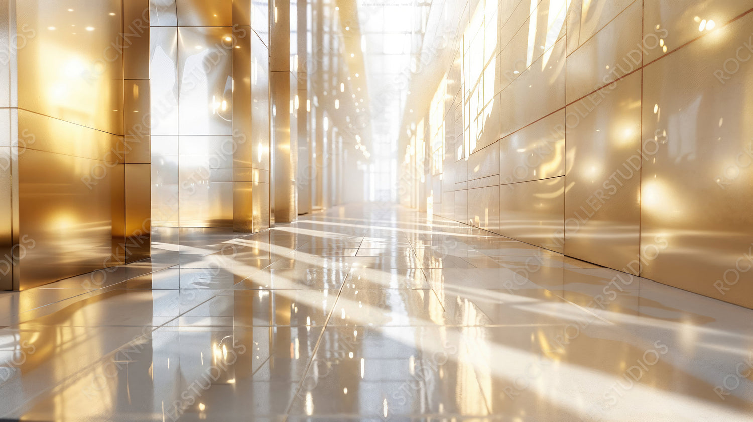 Shiny Abstract Golden and White Hallway with Reflections