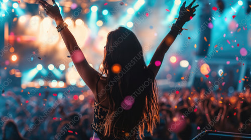 Electric Vibes: Woman Celebrating at a Colorful Live Concert