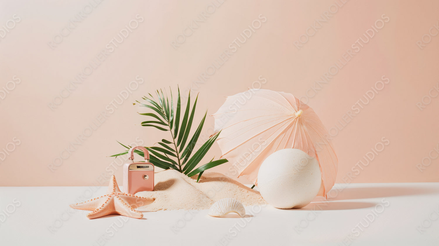 Tropical Beach Vacation Essentials with Umbrella and Starfish