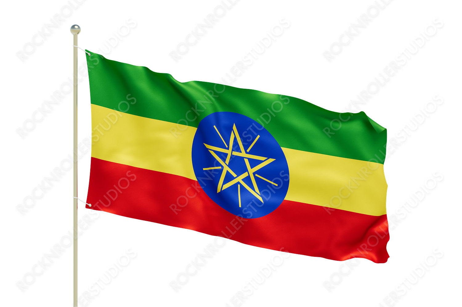 Vibrant Ethiopian Flag Waving Proudly: Unity and Diversity Symbolized on a Grey Sky. Transparent PNG