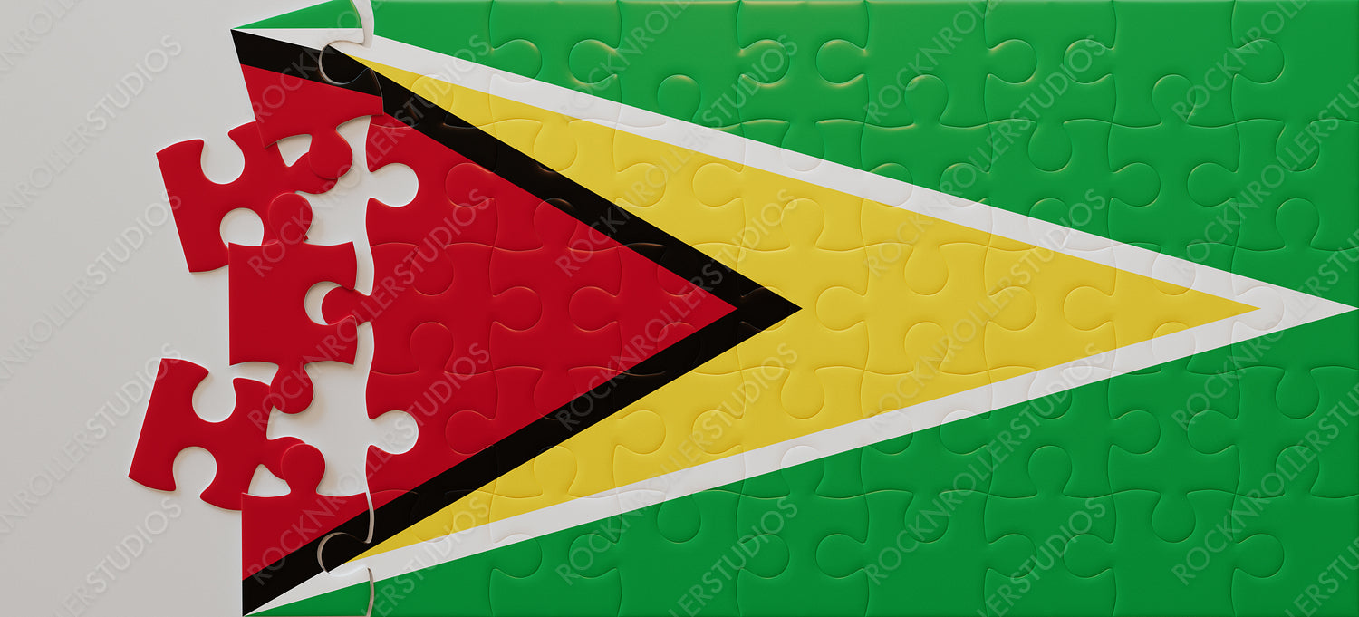 Creative Puzzle of Guyana Flag with Missing Pieces on White Background