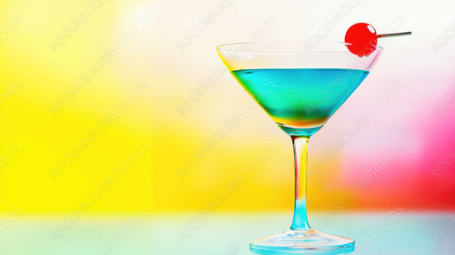 Summer Vibes: Vibrant Blue-Green Cocktail in Martini Glass with Cherry Garnish and Colorful Gradient Background