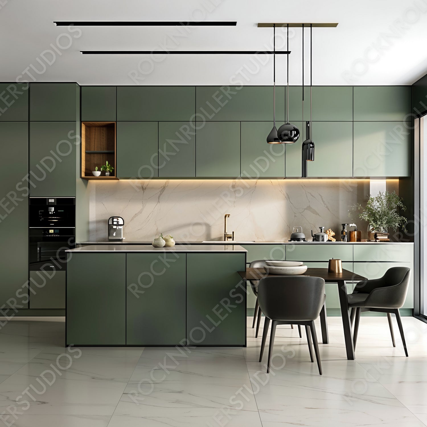 Chic Modern Kitchen with Dark Green Cabinets and Marble Accents